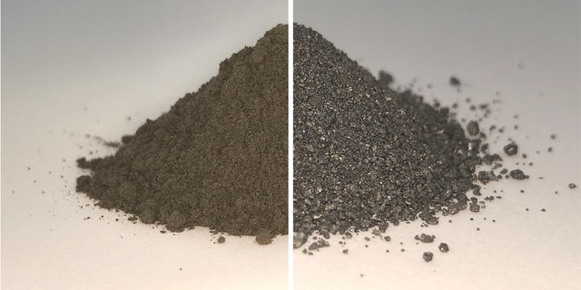 On the left side of this before and after image is a pile of simulated lunar soil, or regolith; on the right is the same pile after essentially all the oxygen has been extracted from it, leaving a mixture of metal alloys. Both the oxygen and metal could be used in future by settlers on the Moon. (Credit: ESA)