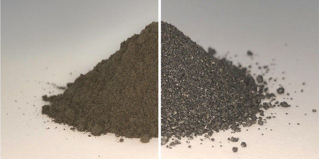 On the left side of this before and after image is a pile of simulated lunar soil, or regolith; on the right is the same pile after essentially all the oxygen has been extracted from it, leaving a mixture of metal alloys. Both the oxygen and metal could be used in future by settlers on the Moon. (Credit: ESA)