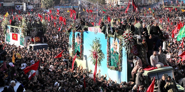 Soleimani funeral stampede in Iran leaves at least 56 dead, state TV reports 2 Coffins of Gen. Qassem Soleimani and others who were killed in Iraq by a U.S. drone strike, are carried on a truck surrounded by mourners during a funeral procession, in the city of Kerman, Iran, on Tuesday.