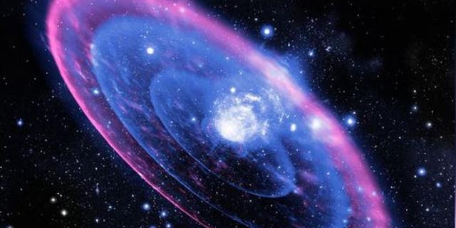 A bright supernova flares across the sky in this illustration.