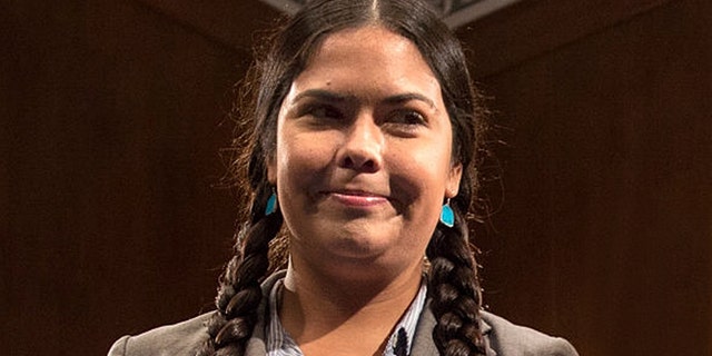 Tara Houska, seen here at a press conference in Washington, D.C., in 2014, said a TSA agent treated her "like a horse" while patting down her braids at the Minneapolis−Saint Paul International Airport.