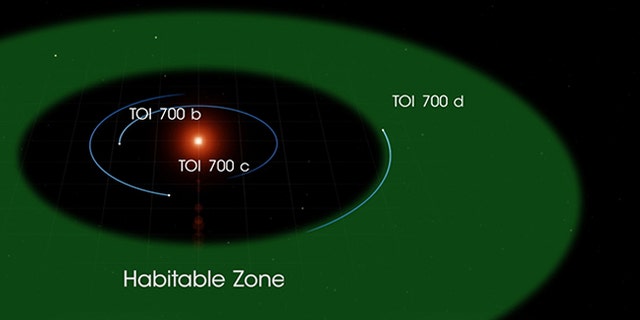 The three planets of the TOI 700 system orbit a small, cool M dwarf star. TOI 700 d is the first Earth-size habitable-zone world discovered by TESS. Credit: NASA's Goddard Space Flight Center