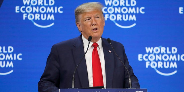President Trump addresses the World Economic Forum in Davos, Switzerland, on Tuesday. (AP)