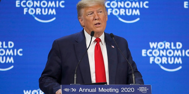 President Trump addresses the World Economic Forum in Davos, Switzerland, on Tuesday. (AP)