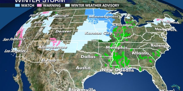 Winter storm watches, warnings, and advisories stretch across the middle of the country.