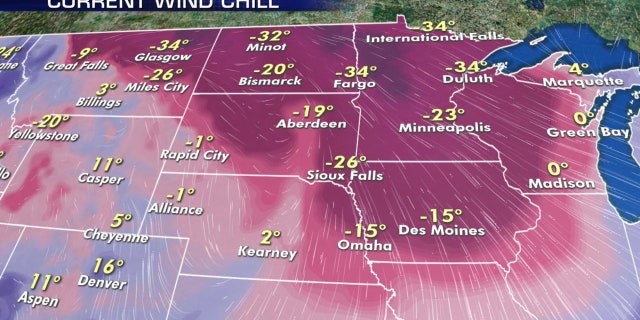 Wind chills well below zero were reported in parts of the Midwest on Thursday.
