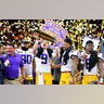 Joe Burrow of the LSU Tigers raises the National Championship Trophy with Ed Orgeron, Grant Delpit, Patrick Queen, and Rashard Lawrence after defeating the Clemson Tigers in the College Football Playoff National Championship game in New Orleans, Jan. 13, 2020.