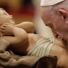 Pope Francis kisses a statue of Baby Jesus as he presides over a Mass for the solemnity of St. Mary at the beginning of the new year, in St. Peter's Basilica at the Vatican, Jan. 1, 2020. 