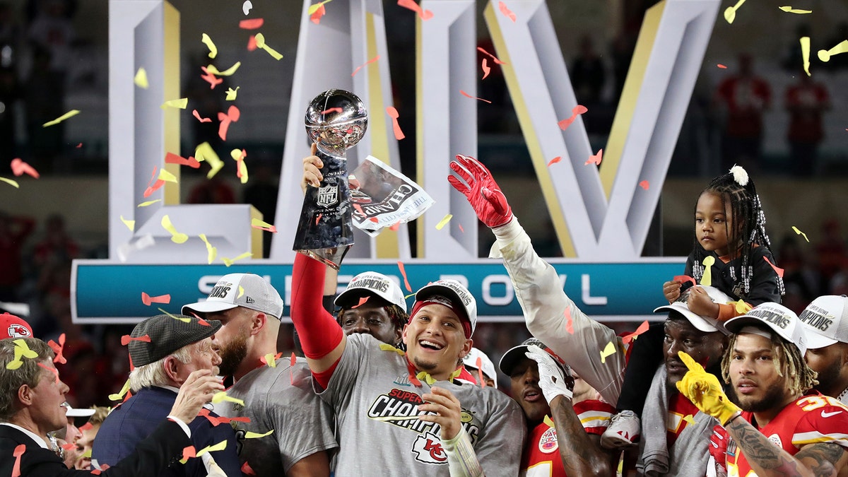 Patrick Mahomes celebrates a Super Bowl LIV win 
