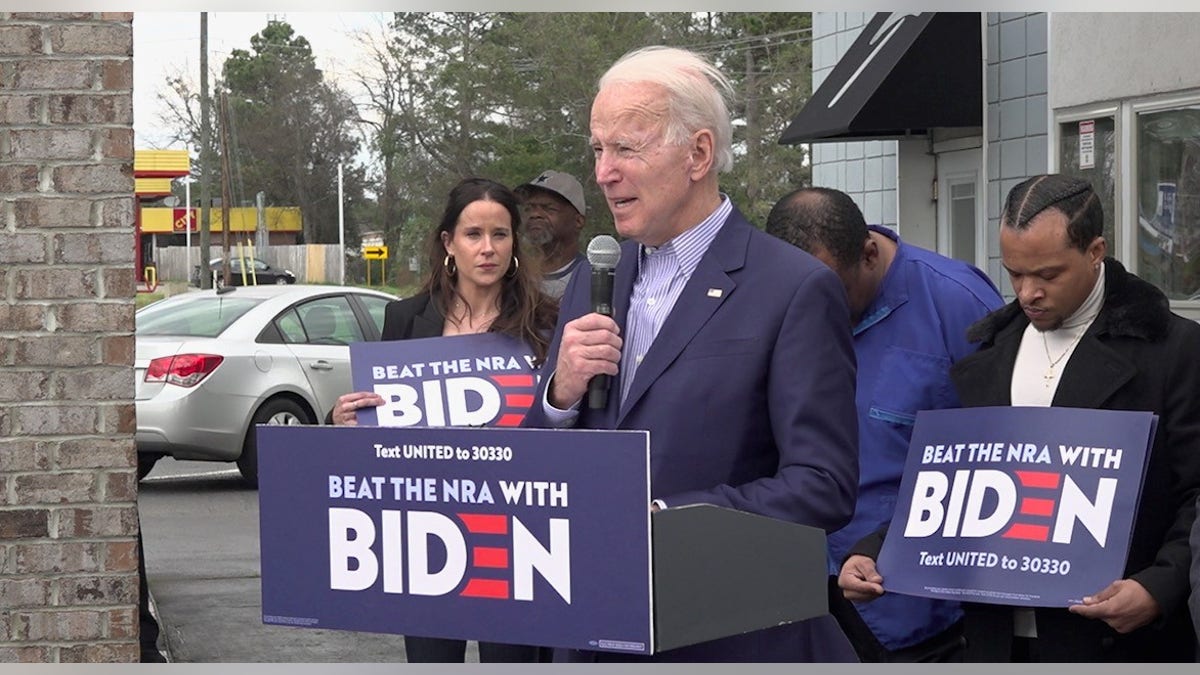 Former Vice President Joe Biden delivers delivering a speech about gun reform outside of Toliver’s Mane Event barbershop in Columbia, SC on Feb. 28, 2020