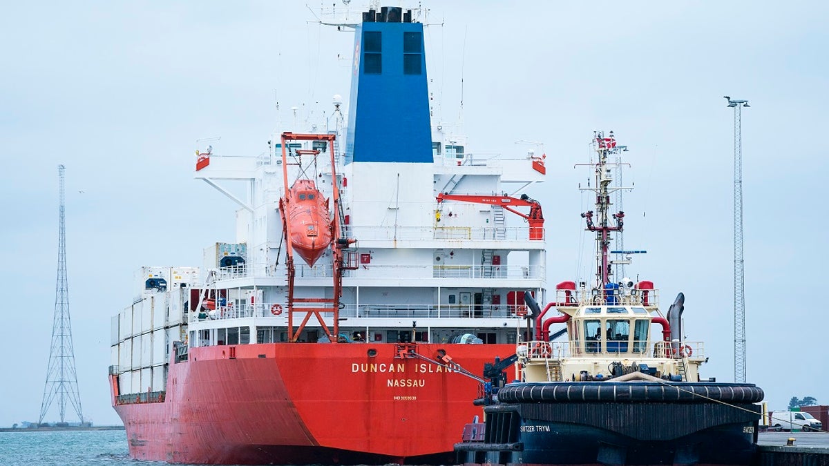 The cargo ship Duncan Island in Kalundborg Harbour in Denmark on Sunday. Danish police say they have arrested 27 people for suspected drug smuggling after having found some 100 kilograms of cocaine at a Bahamas-registered cargo vessel, the Duncan Island, plying on Danish waters. (Claus Bech/Ritzau Scanpix via AP)