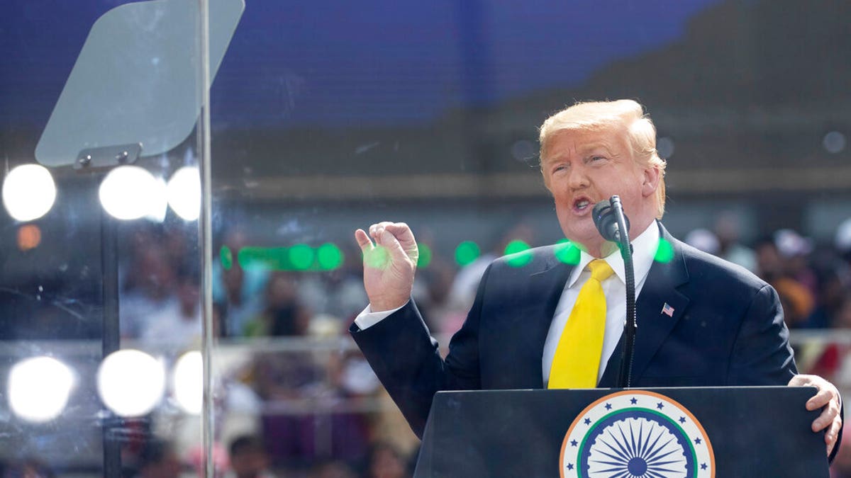 U.S. President Donald Trump speaks during a "Namaste Trump," event at Sardar Patel Stadium in Ahmedabad, India. (AP Photo/Alex Brandon)