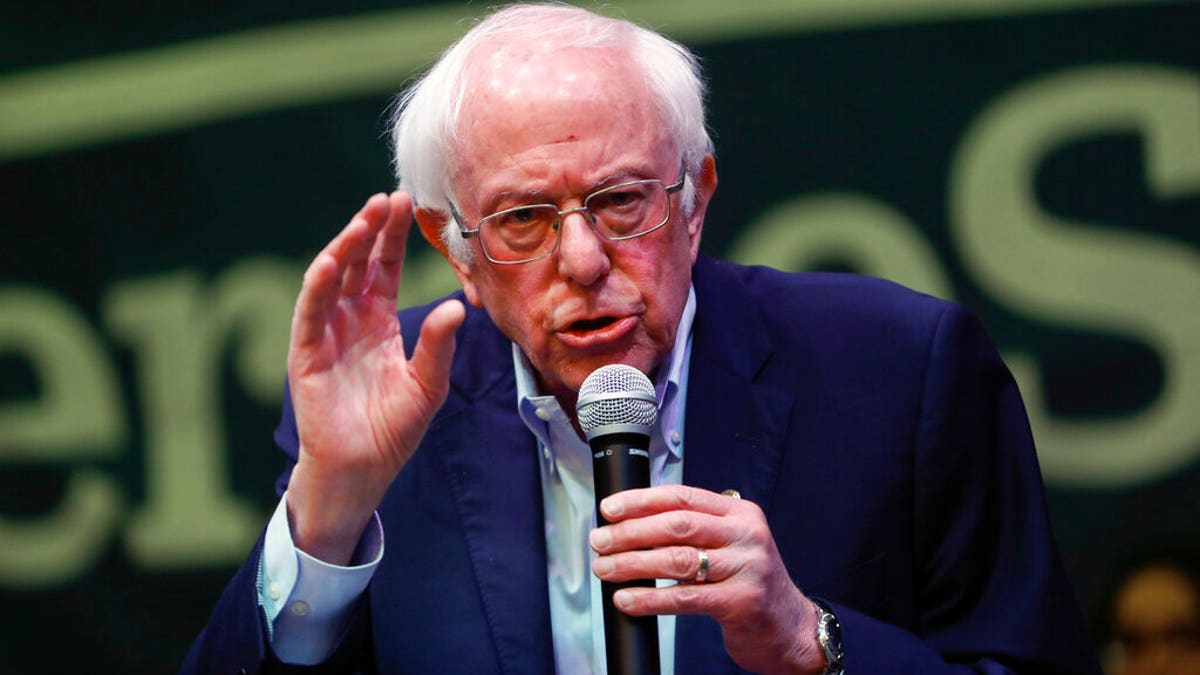 Democratic presidential candidate Sen. Bernie Sanders, I-Vt. , speaking at a campaign event at The Black Box Theater, Saturday, Feb. 1, 2020, in Indianola, Iowa. (AP Photo/Pablo Martinez Monsivais)