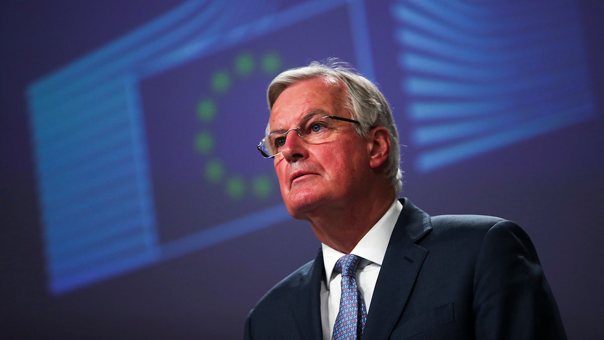 European Union chief Brexit negotiator Michel Barnier talks to journalists during a news conference at the European Commission headquarters in Brussels, Monday, Feb. 3, 2020. (AP Photo/Francisco Seco)