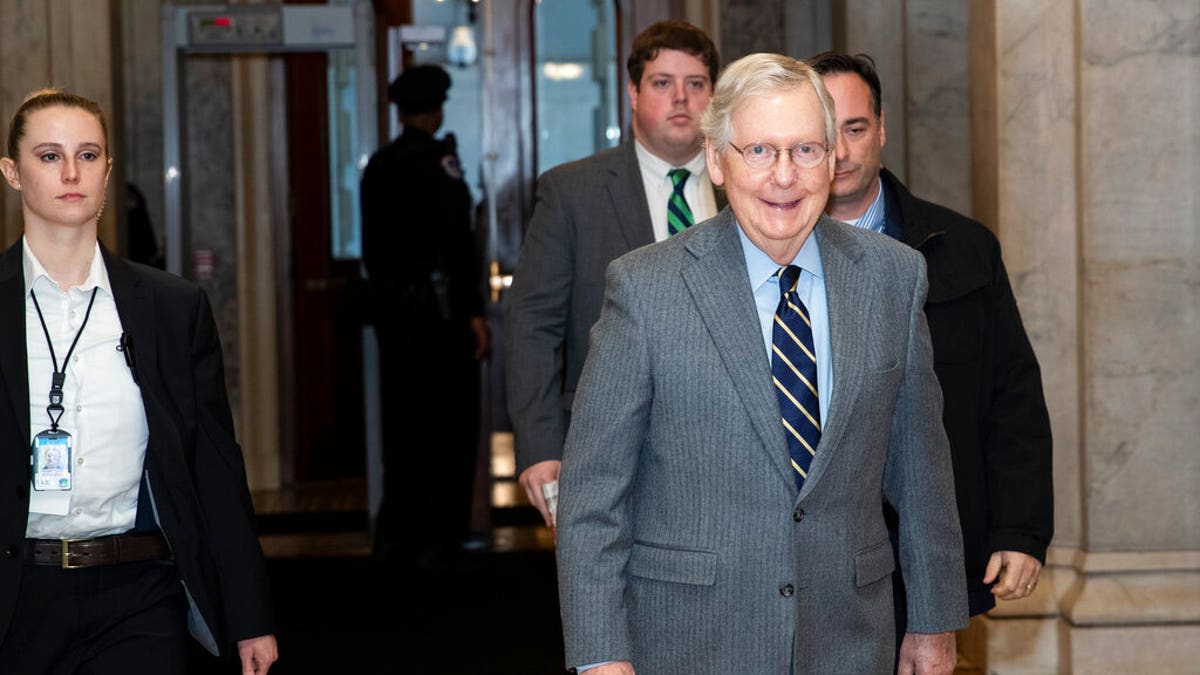 Senate Majority Leader Mitch McConnell of Ky., arrives on Capitol Hill, Monday, Feb. 3, 2020 in Washington. (AP Photo/Alex Brandon)
