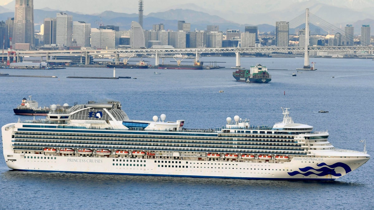 The Diamond Princess anchored off the Yokohama Port in February. (Kyodo News via AP)