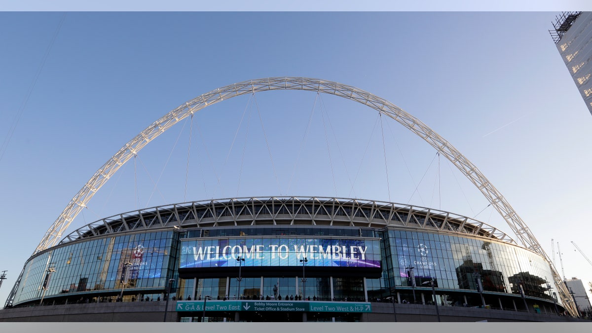 FILE - This Oct. 3, 2018 file photo shows a view of the exterior of Wembley Stadium in London. The Jacksonville Jaguars will play two home games in London next season, strengthening the franchise’s foothold in an overseas market the NFL is eager to expand. (AP Photo/Kirsty Wigglesworth, File)