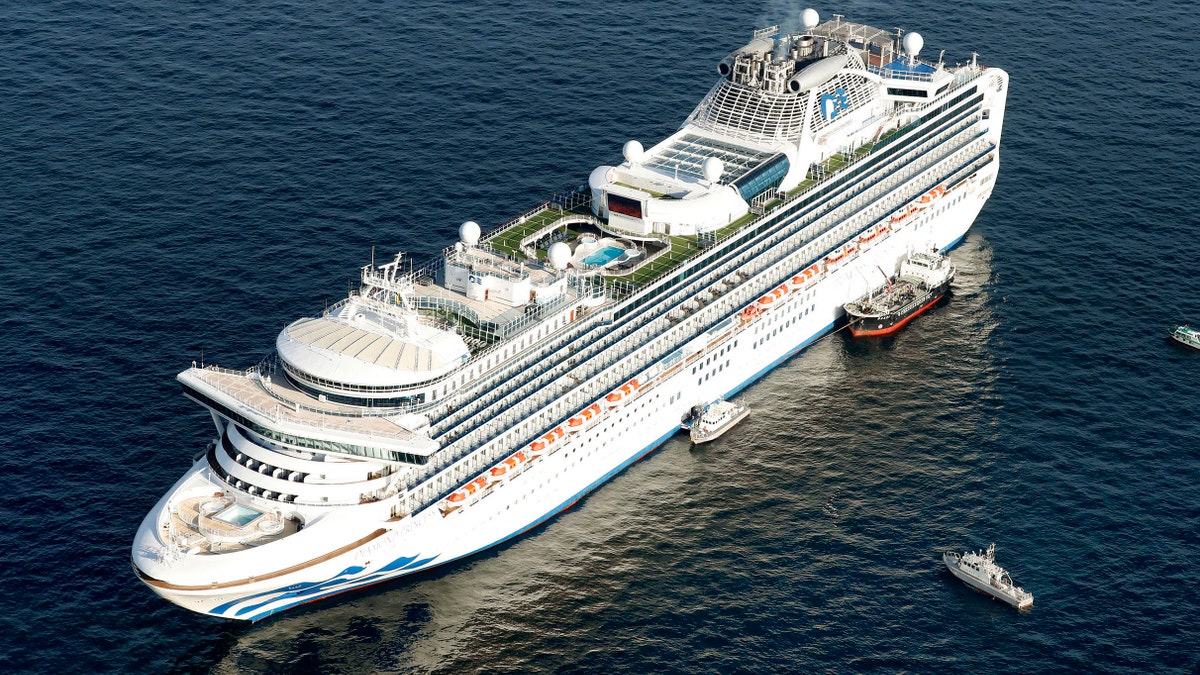 Cruise ship Diamond Princess is anchored off the shore of Yokohama, south of Tokyo, Wednesday, Feb. 5, 2020.(Hiroko Harima/Kyodo News via AP)
