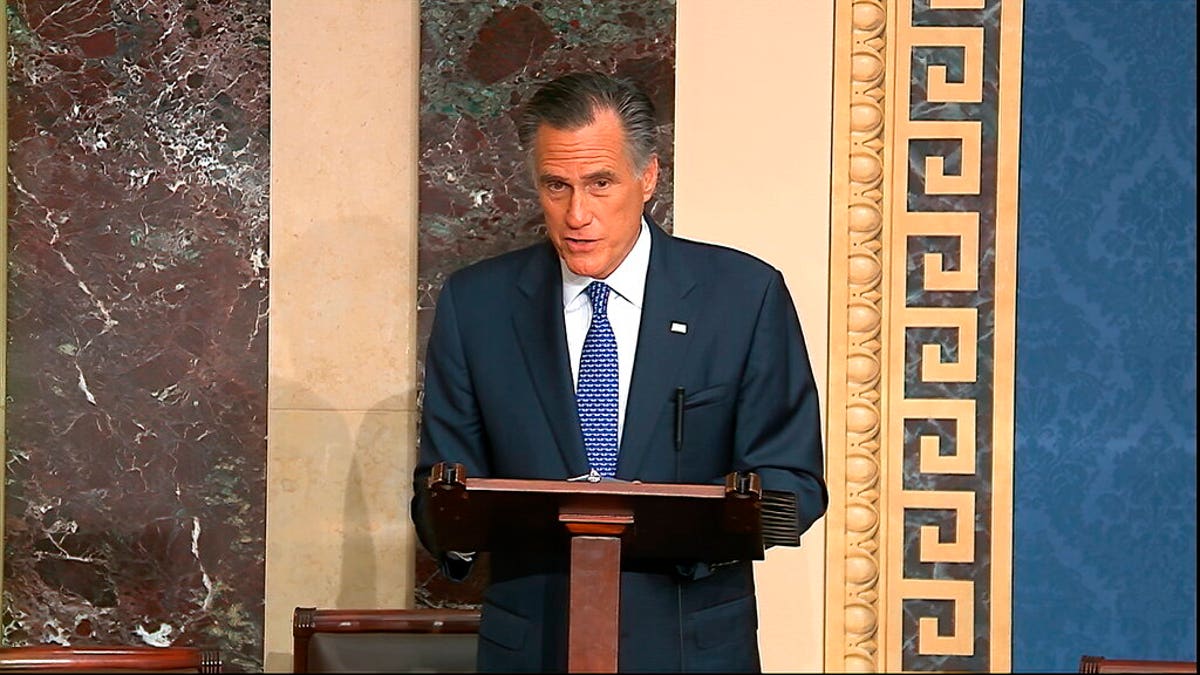Sen. Mitt Romney, R-Utah, speaks on the Senate floor about the impeachment trial against President Trump on Feb. 5, 2020. (Senate Television via AP)