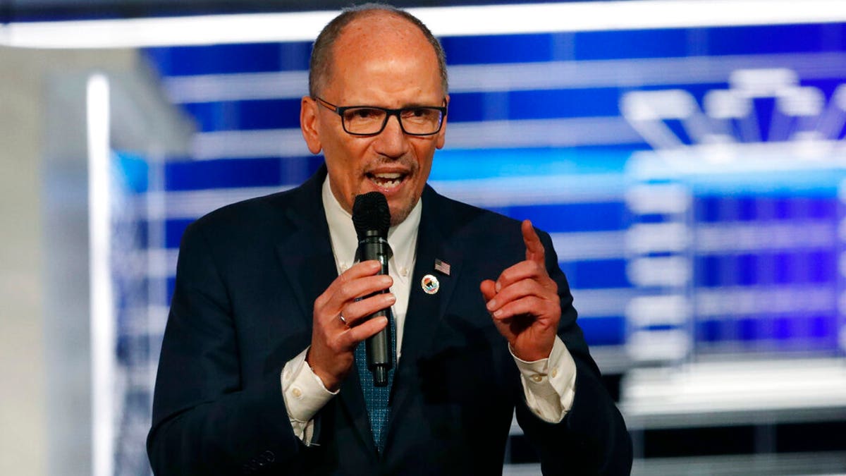In this Nov. 20, 2019 file photo, Chair of the Democratic National Committee, Tom Perez, speaks before a Democratic presidential primary debate in Atlanta. Perez is calling for a “recanvass” of the results of Monday's Iowa caucus. (AP Photo/John Bazemore)