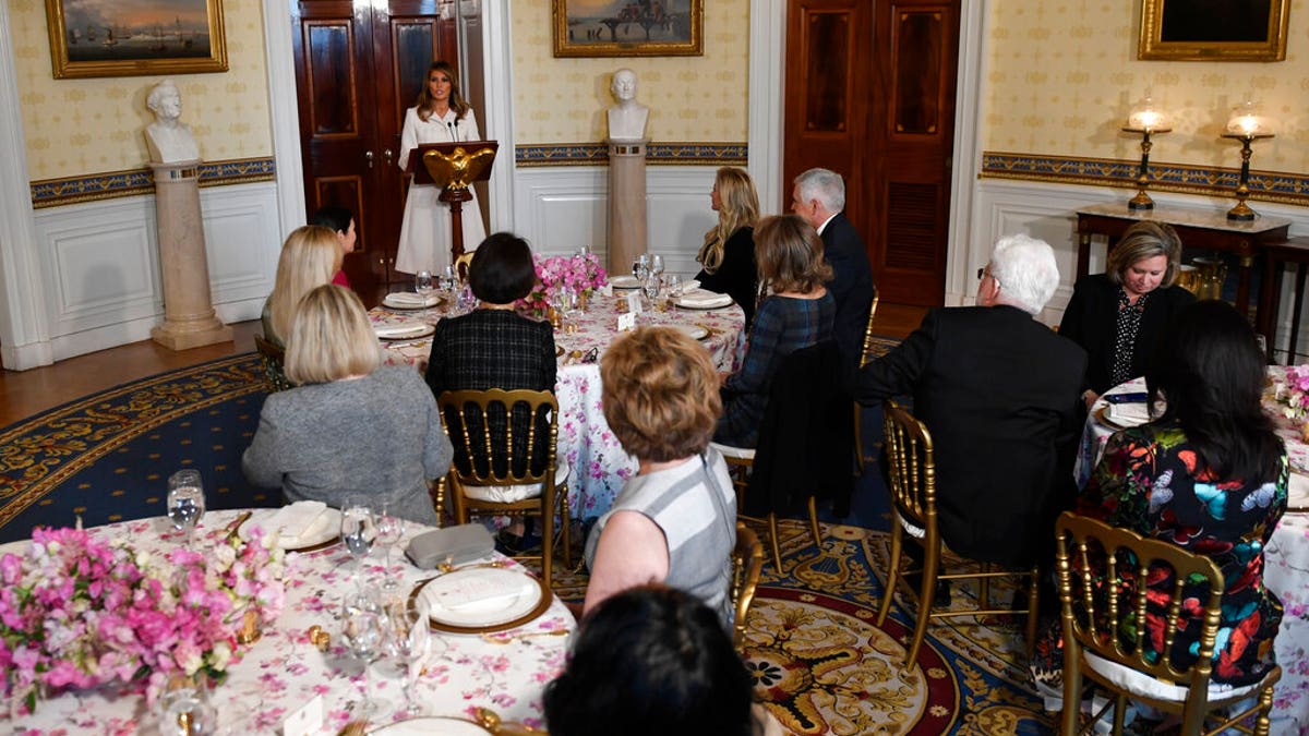 First lady Melania Trump speaks during the Governors' Spouses' luncheon in the Blue Room of the White House in Washington, Monday, Feb. 10, 2020. (AP Photo/Susan Walsh)