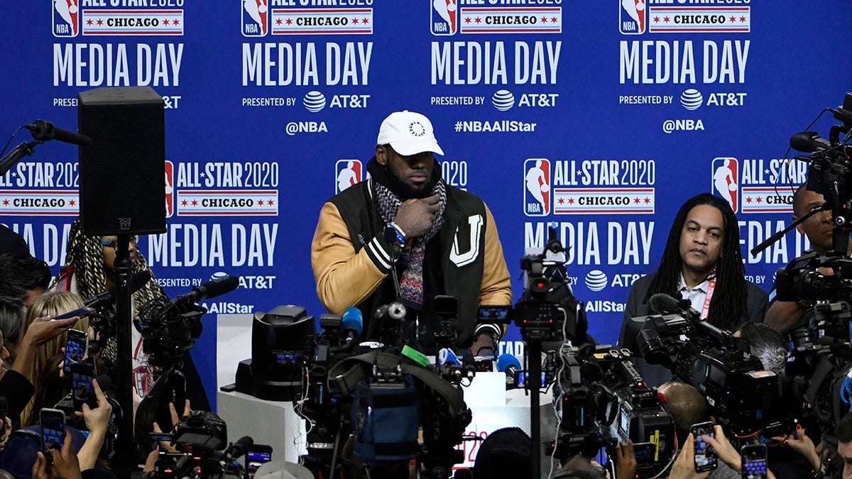 LeBron James, of the Los Angeles Lakers, talks with the media during the NBA All-Star basketball game media day, Saturday, Feb. 15, 2020, in Chicago. (Associated Press)