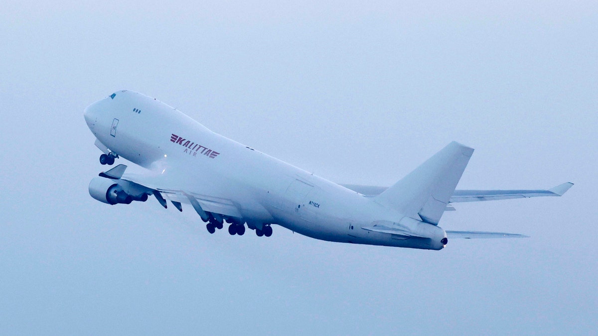 An airplane chartered by the U.S. government taking off at Haneda Airport in Tokyo with U.S. passengers who were aboard the quarantined cruise ship. (Sadayuki Goto/Kyodo News via AP)