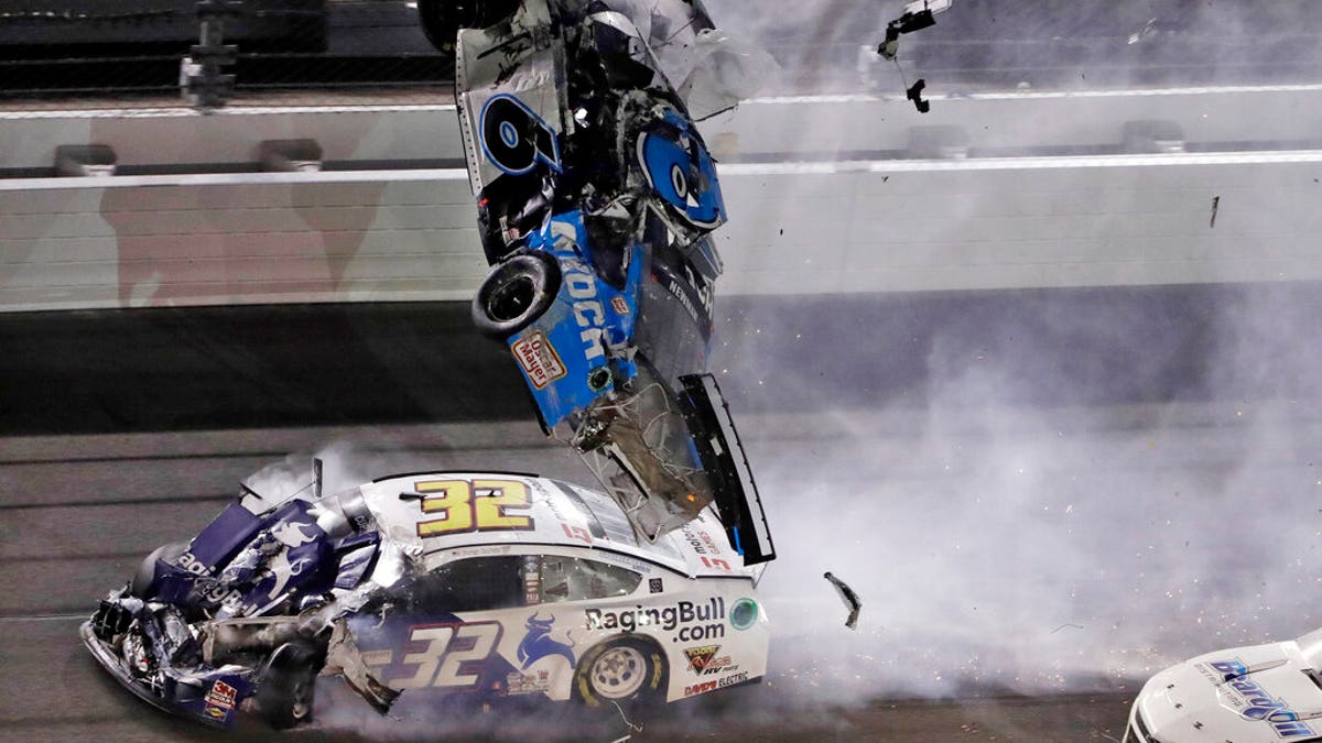 Ryan Newman (6) went airborne after crashing into Corey LaJoie (32) during the Daytona 500.