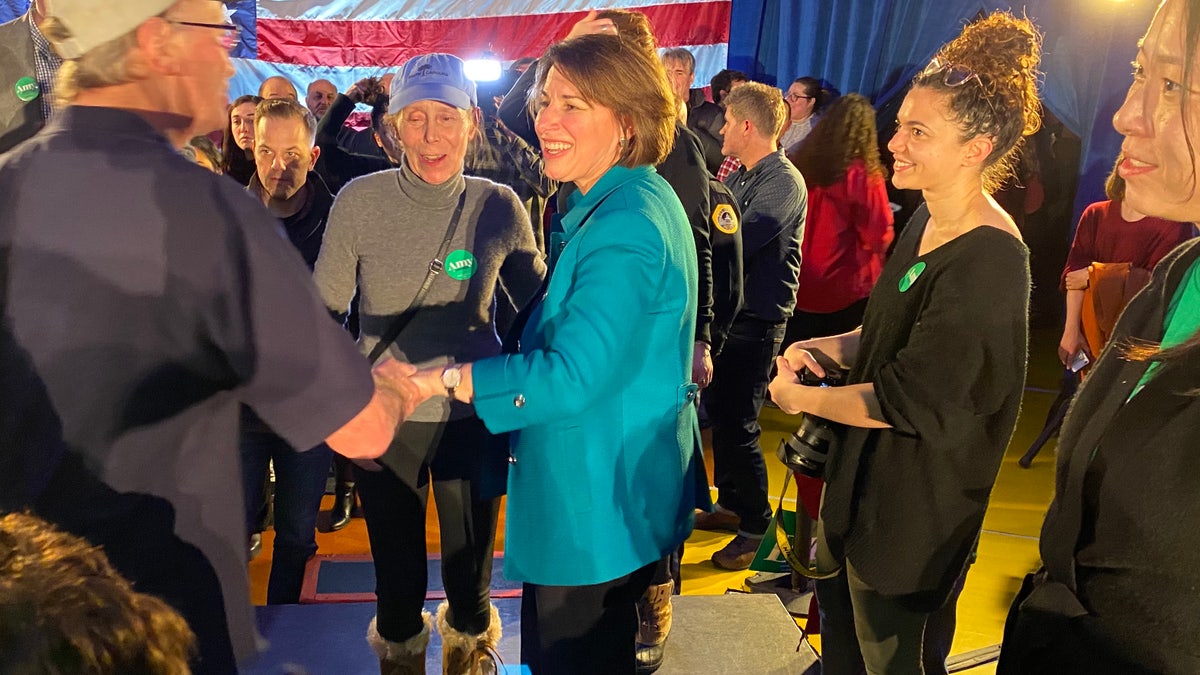 Democratic presidential candidate Sen. Amy Klobuchar of Minnesota shakes hands with voters after a rally in Des Moines, IA on Feb. 1, 2020