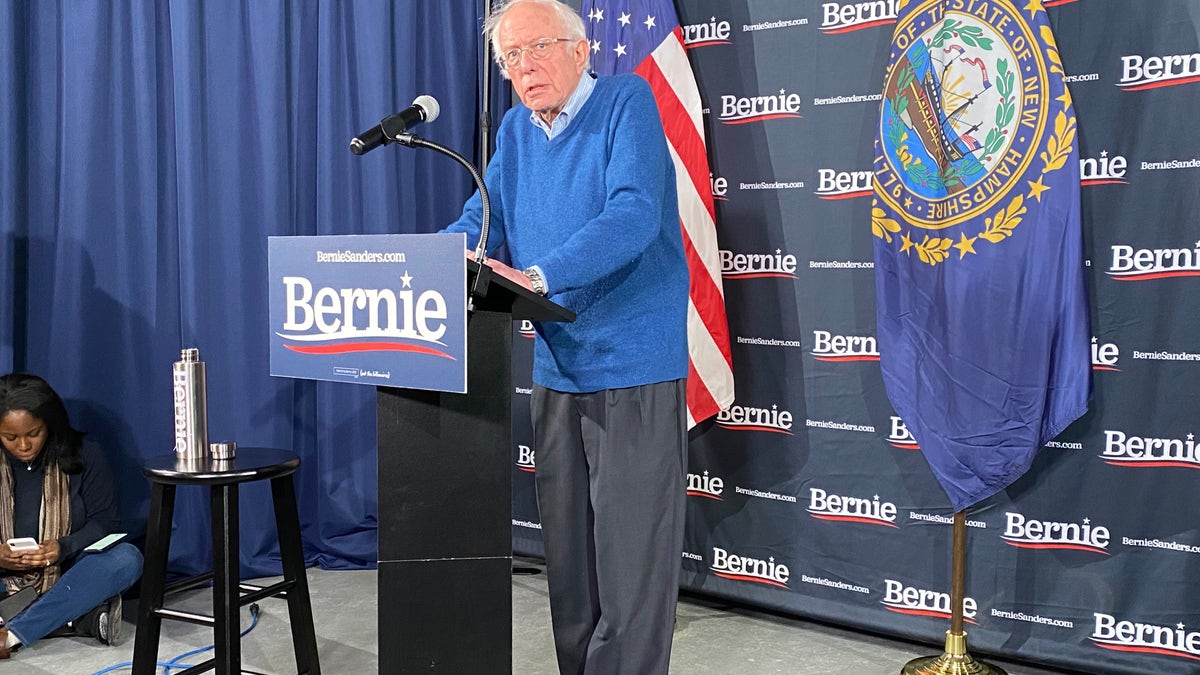 Bernie Sanders of Vermont speaks to reporters in Manchester, NH on Feb. 6, 2020