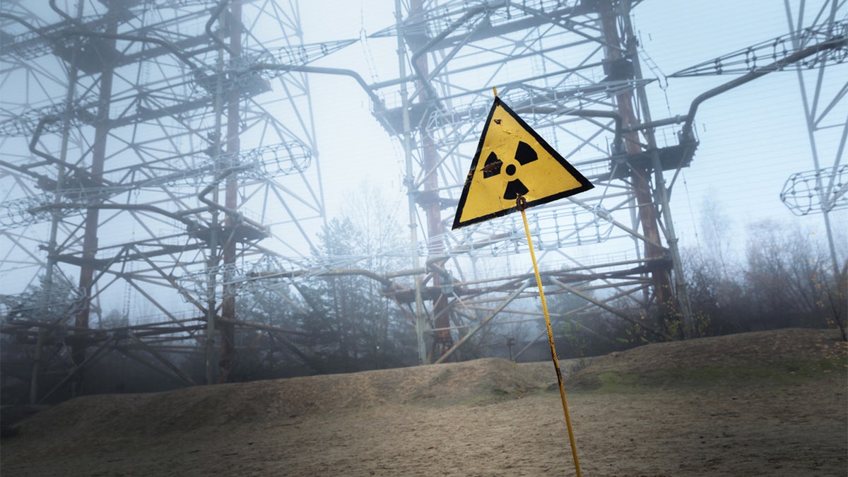 Radioactivity sign in Chernobyl Outskirts 2019 closeup