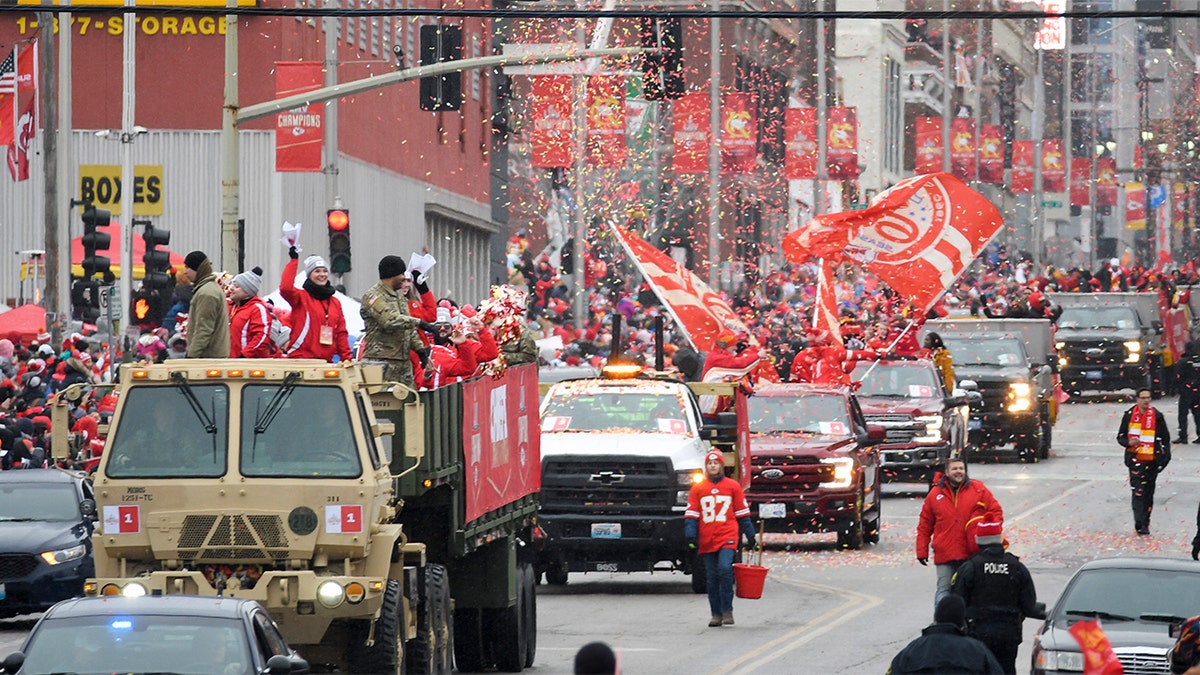 The Kansas City Chiefs victory parade makes its way through downtown Kansas City, Mo., Wednesday, Feb. 5, 2020, to celebrate their victory in the NFL's Super Bowl 54. (AP Photo/Reed Hoffmann)