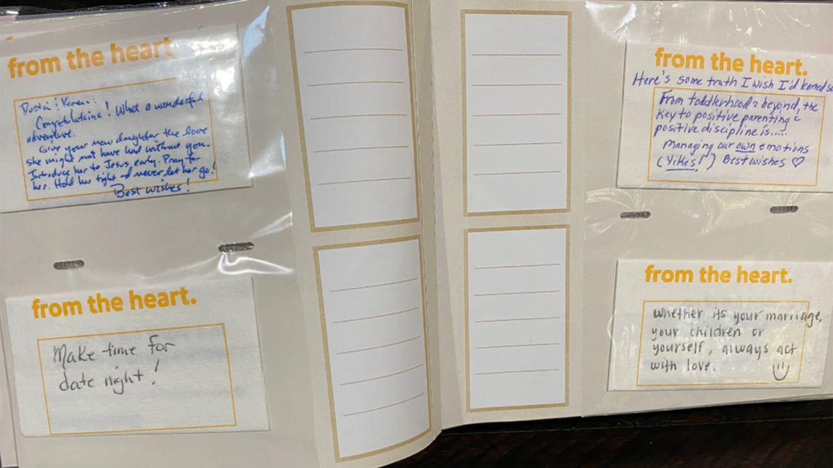 Pictured are the napkin notes that Southwest passengers shared words of advice for the new parents on.
