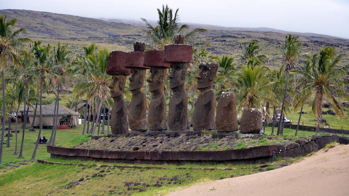 Ahu Nau Nau, a cultural and religious site built by Rapa Nui society on the north shore of Easter Island. The site is located on Easter Island's Anakena beach. (Photo by Robert DiNapoli)