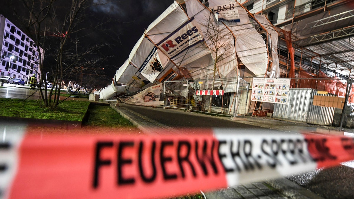 A scaffold has toppled over due to heavy wind in Freiburg, Germany, Monday, Feb. 10, 2020.