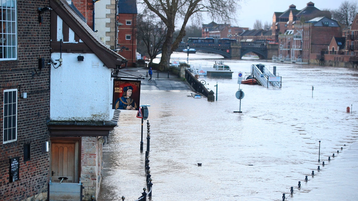 A view of a flooded street after the River Ouse burst its banks in the aftermath of Storm Ciara, in York, England, Monday, Feb. 10, 2020.