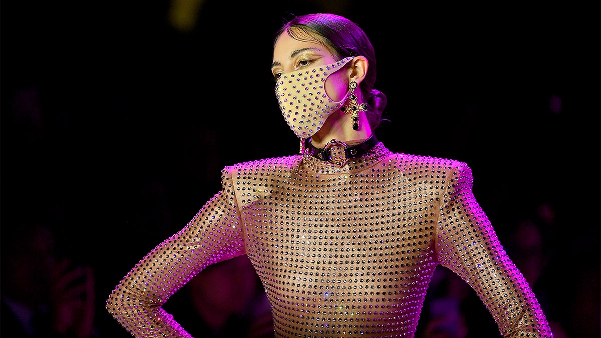 A model wearing a Pitta Mask walks the runway for The Blonds during New York Fashion Week: The Shows at Gallery I at Spring Studios on February 09, 2020 in New York City. (Photo by Roy Rochlin/Getty Images for NYFW: The Shows)