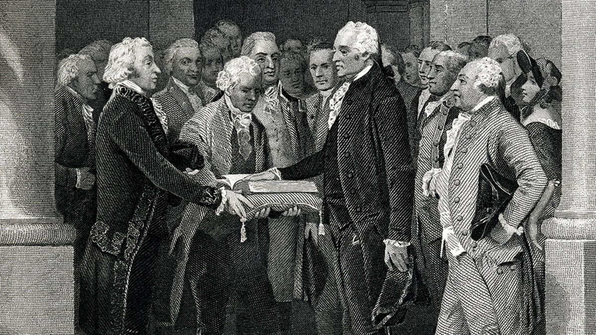 Engraving of the fhe First Inauguration Of President George Washington on April 30th, 1789.