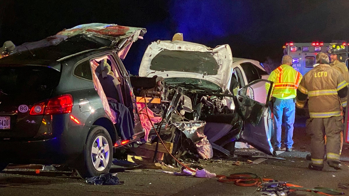 First responders from the Midway Fire Department survey the scene of a fatal accident on Interstate 95, which claimed the lives of multiple people, early Sunday morning, Feb. 23, 2020, in Liberty County, Ga.