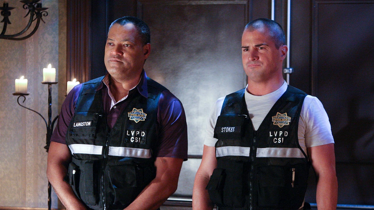 Laurence Fishburn and George Eads appear on appear on "CSI: Crime Scene Investigation."