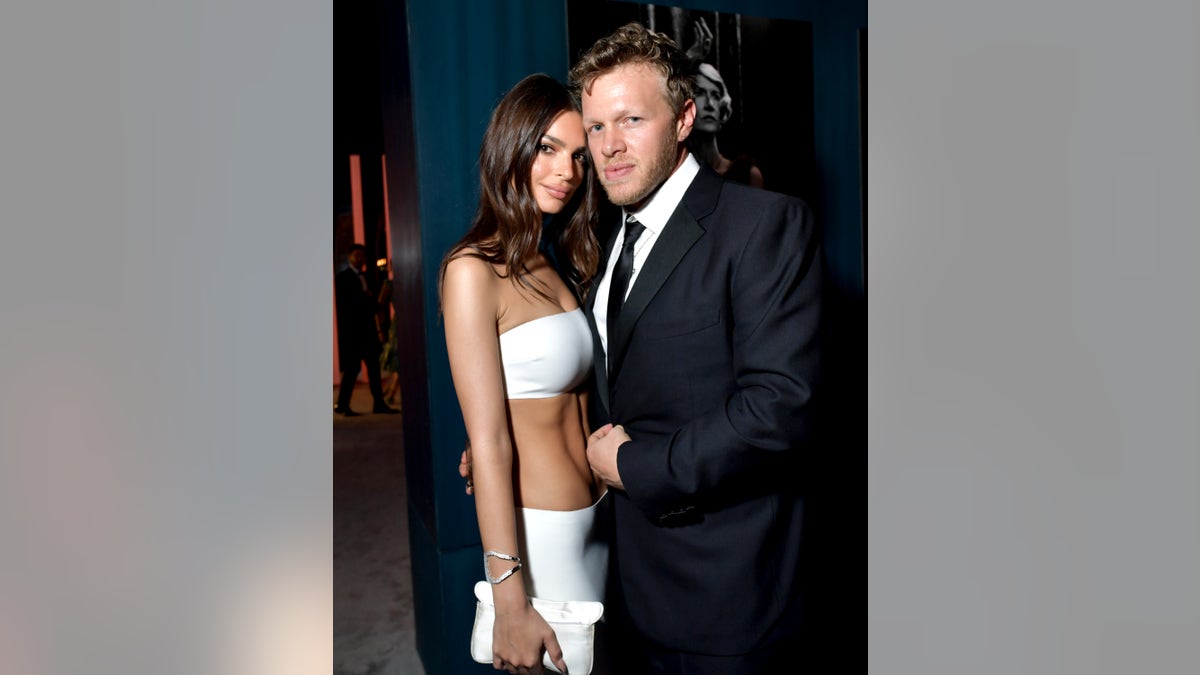 Emily Ratajkowski and Sebastian Bear-McClard attend the 2020 Vanity Fair Oscar Party hosted by Radhika Jones at Wallis Annenberg Center for the Performing Arts on February 09, 2020 in Beverly Hills, Calif.