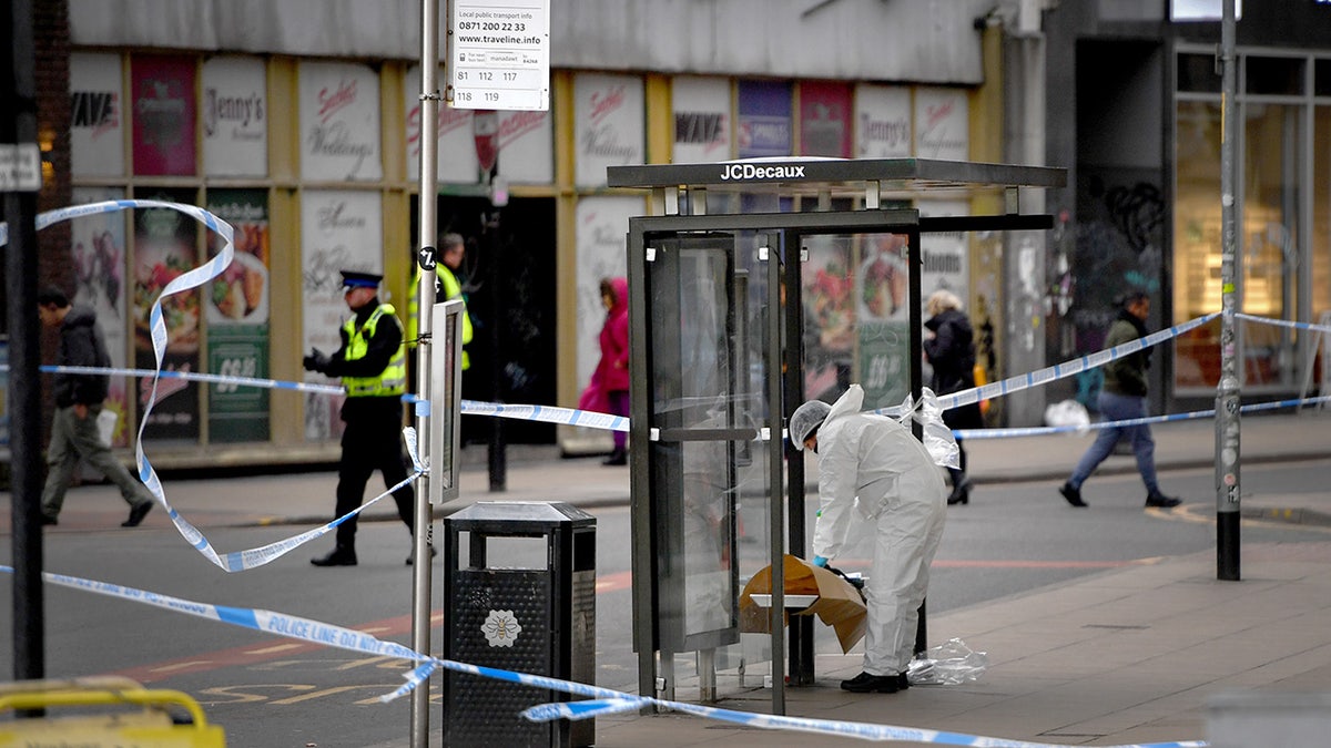 A forensic officer is seen at work following a reported stabbing at Manchester Piccadilly Gardens on February 10, 2020 in Manchester, England. (Photo by Anthony Devlin/Getty Images)