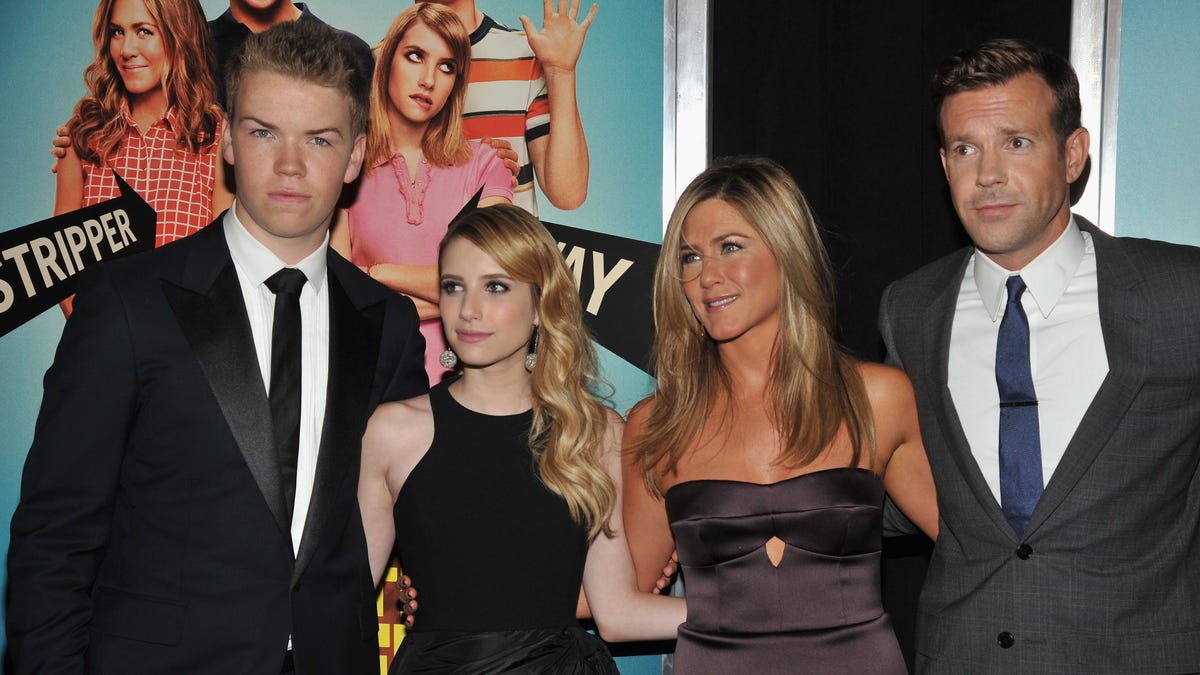 (L-R) Actors Will Poulter, Emma Roberts, Jennifer Aniston, and Jason Sudeikis attend the "We're The Millers" New York Premiere at Ziegfeld Theater on August 1, 2013 in New York City.