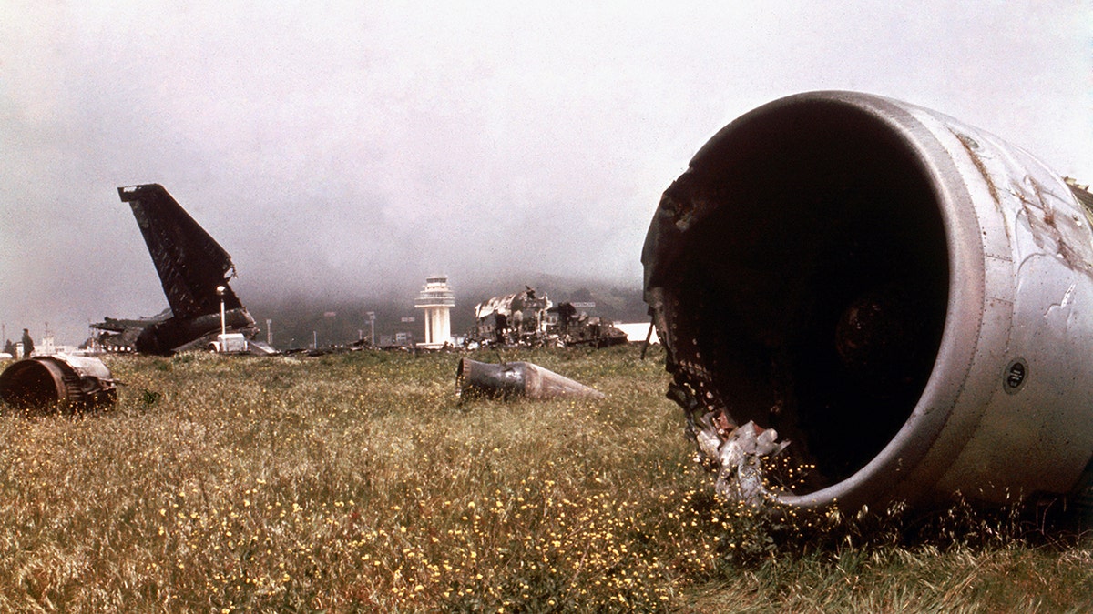 Part of the wreckage of the two Boeing 747s which collided on the runway in Tenerife, killing 583 people .