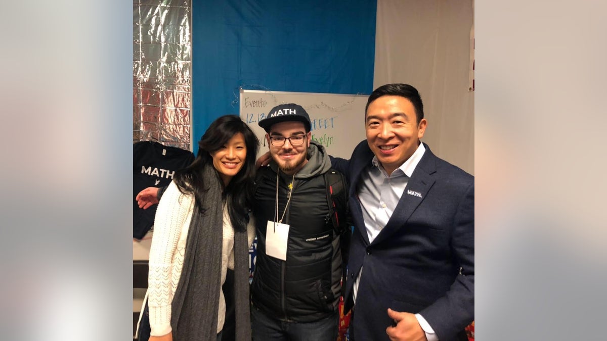 Matt Skidmore meets Andrew Yang's wife Evelyn at a campaign event. (Photo provided by Matthew Skidmore)