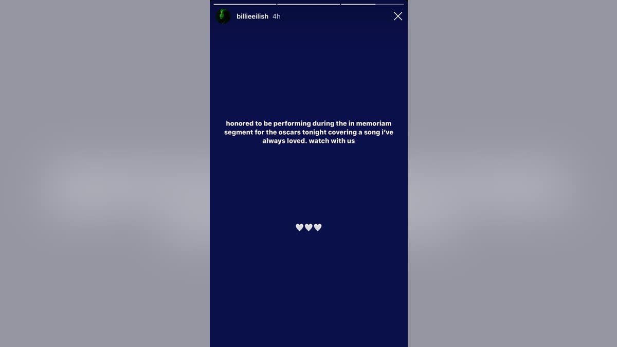 Billie Eilish announces she will perform during the In Memoriam segment during the 2020 Oscars.