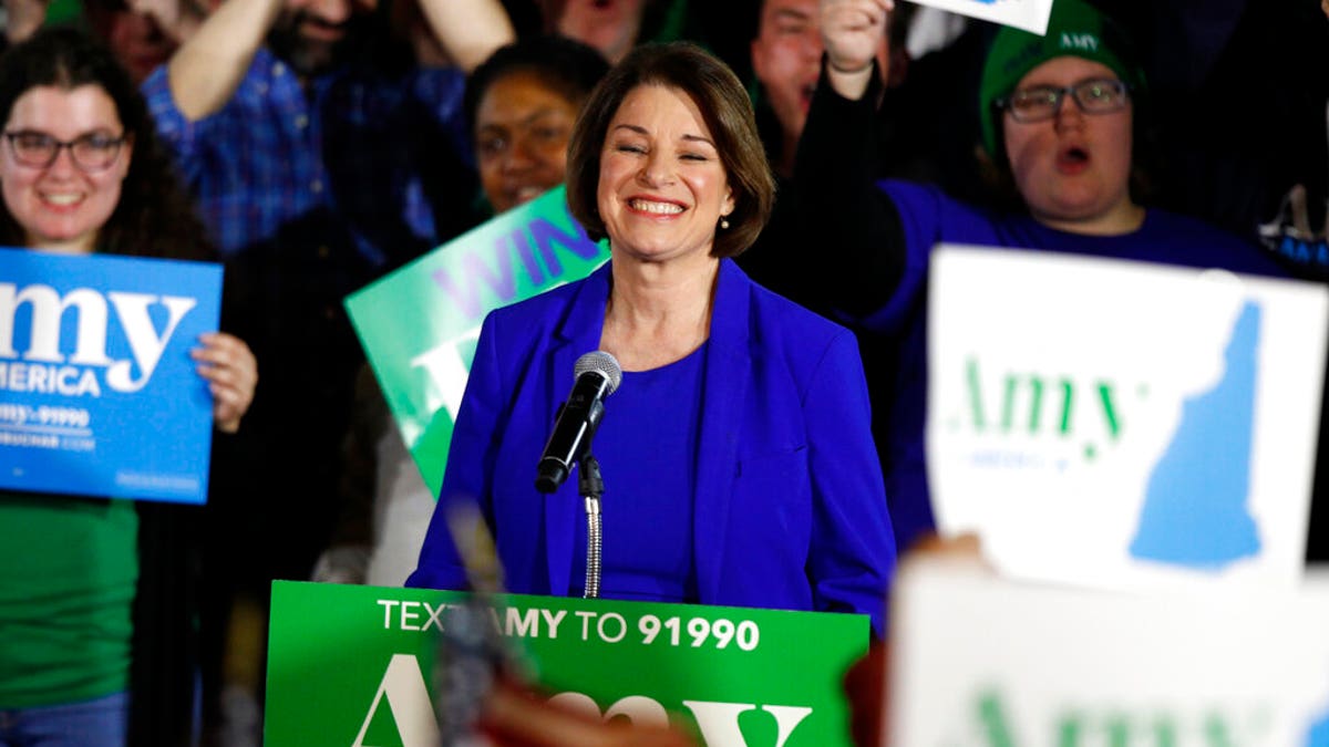 Democratic presidential candidate Sen. Amy Klobuchar, D-Minn., speaks at her election night party, Tuesday, Feb. 11, 2020, in Concord, N.H. (AP Photo/Robert F. Bukaty)