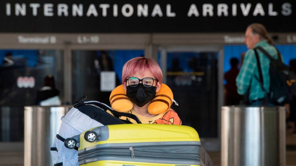 A passenger arriving from Asia at LAX is seen wearing a facemask after on Sunday.