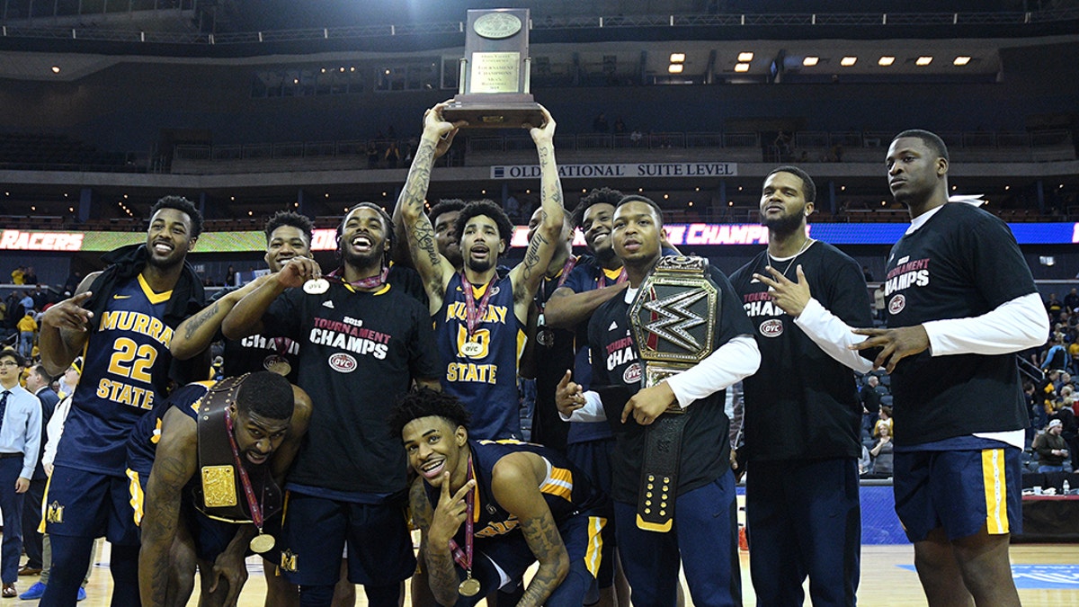 The Murray State Racers celebrate after winning the Ohio Valley Conference (OVC) Championship college basketball game between the Murray State Racers and the Belmont Bruins on March 9, 2019, at the Ford Center in Evansville, Indiana. (Photo by Michael Allio/Icon Sportswire via Getty Images)