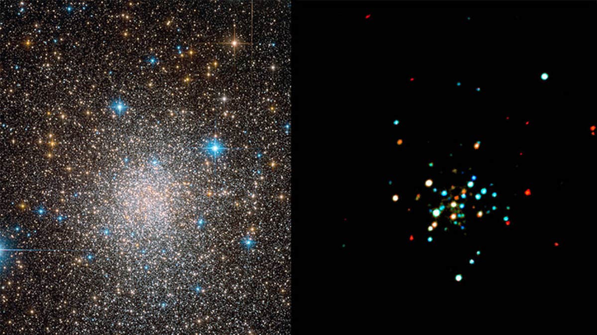 In this image of Terzan 5 (right), low, medium and high-energy X-rays detected by NASA’s Chandra X-ray Observatory are colored red, green and blue respectively. On the left, an image from the Hubble Space Telescope shows the same field of view in optical light.